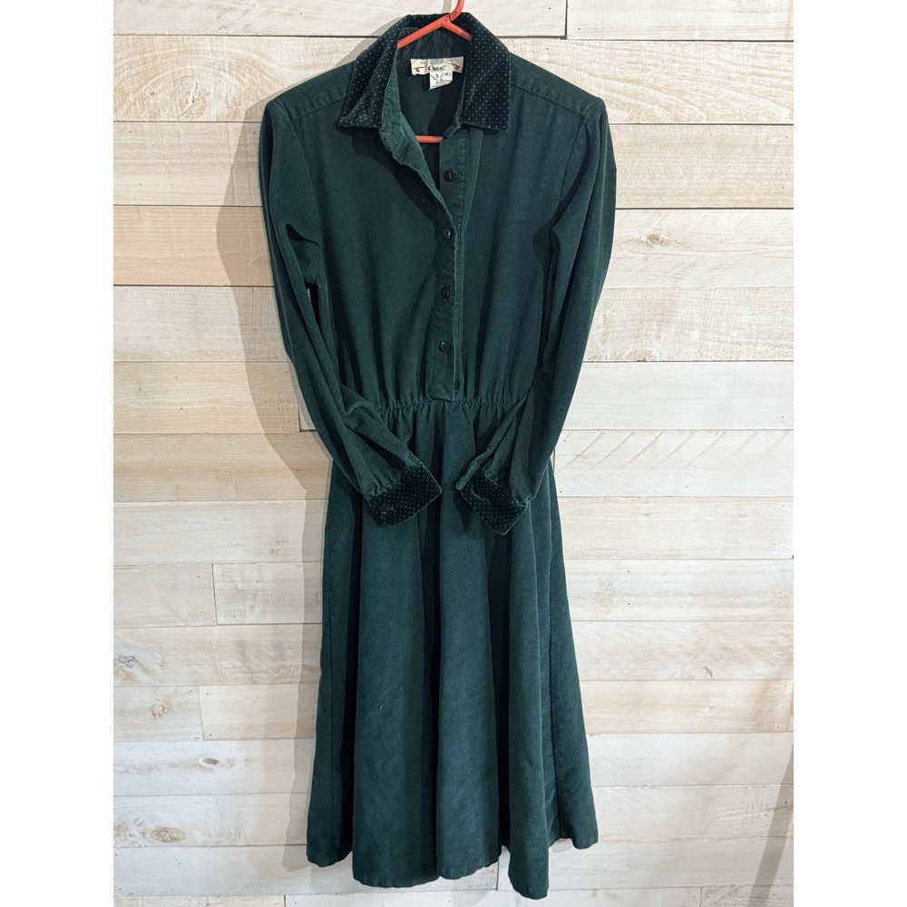 Vintage Orvis Womens Corduroy Dress Prairie Cottagecore Green Size 8P Button Up